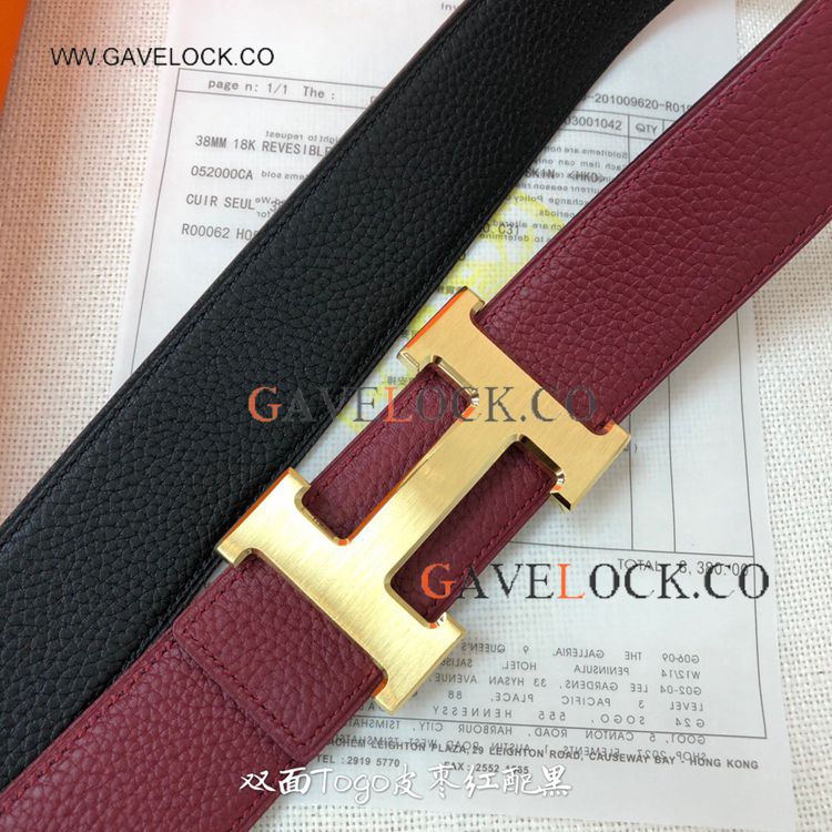 Copy Hermes Epsom Wine red&Black Reversible Belt Brushed buckle